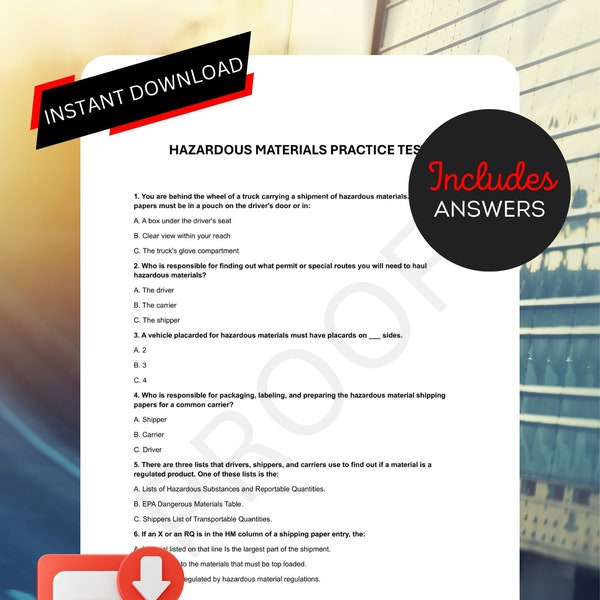 CDL Hazardous Materials Practice Test, CDL Hazmat Exam, Same as DOT Questions. Pass the first time. W/Answers, Printable, Instant Download.