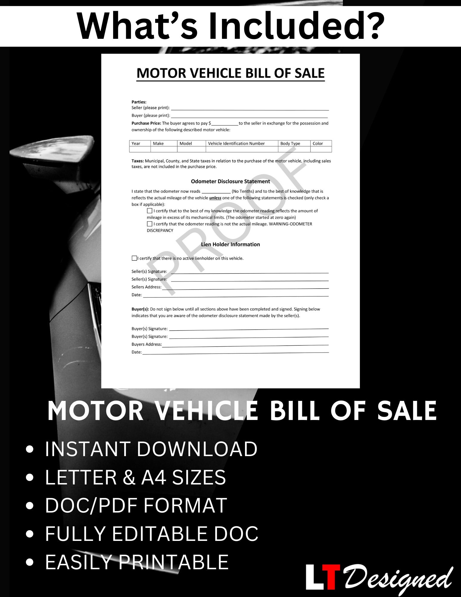 Printable Vehicle Bill of Sale. Editable Bill of Sale Contract. Auto