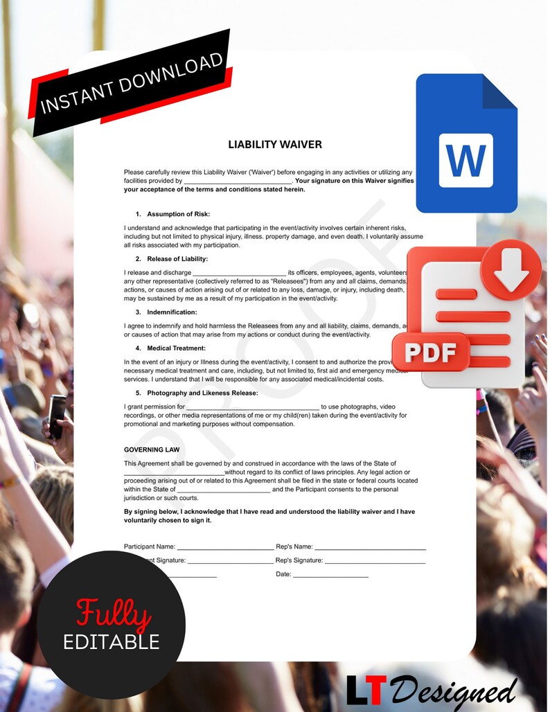 May include: A digital liability waiver template with the words "Instant Download" and "Fully Editable." The document includes sections for assumption of risk, release of liability, and medical treatment. Icons for Word and PDF files are also present.