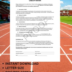 May include: A white Liability Waiver document with black text, including sections for Assumption of Risk, Release of Liability, and Indemnification. The document is on a red track and field background with the words "What's Included?" at the top.