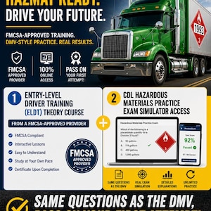CDL Hazmat Endorsement Complete Package – ELDT Theory Training + DMV Practice Test Simulator
