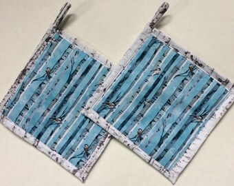 Chickadees A Whole-Cloth Cotton Print with Dusty Blue Background Potholder Great Gift Idea Adorable