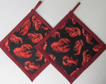 Lobster Red  Potholders, Lobster Pot Holders, Lobster Theme Kitchen, Lobster Decor, Fabric Pot Holders, Lobster Hot Pads, Hot Mats