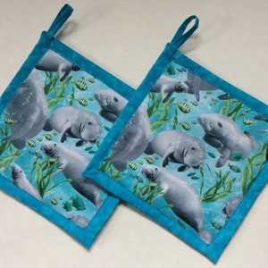 Manatee Sea Potholders, Manatee Holders, Manatee Kitchen Decor, Beach Decor, Manatee Hot Pads, Manatee Hot Mats, Handmade Holder