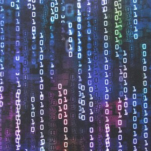 Puede incluir: Dise&ntilde;o de arte digital que presenta una matriz de c&oacute;digo binario, con unos y ceros blancos brillantes que caen sobre un fondo oscuro. El c&oacute;digo se acent&uacute;a con tonos de azul, morado y verde, creando una est&eacute;tica futurista.