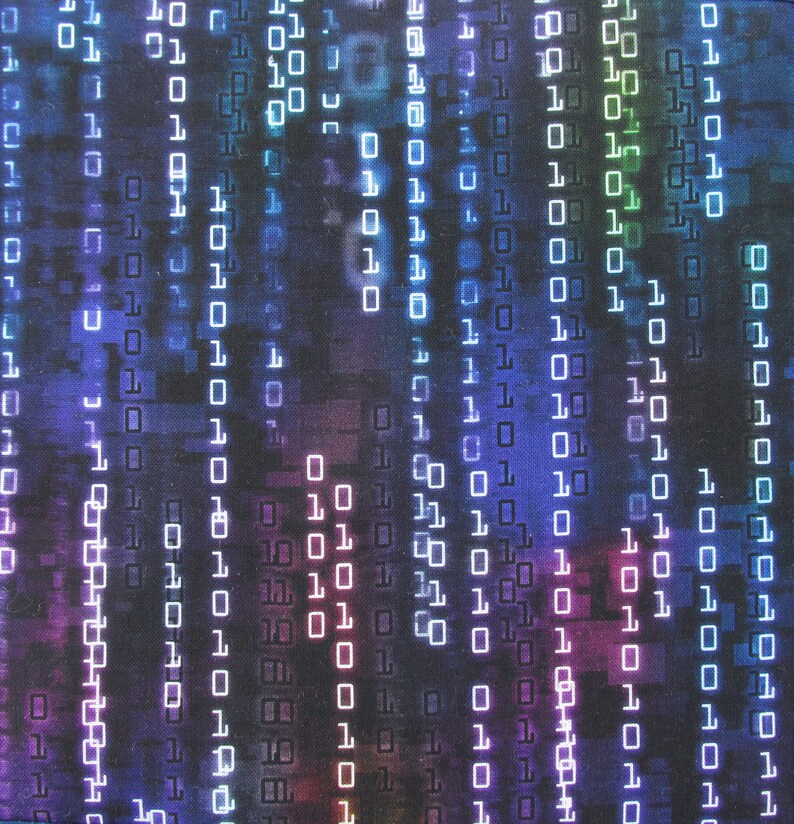 Puede incluir: Dise&ntilde;o de arte digital que presenta una matriz de c&oacute;digo binario, con unos y ceros blancos brillantes que caen sobre un fondo oscuro. El c&oacute;digo se acent&uacute;a con tonos de azul, morado y verde, creando una est&eacute;tica futurista.