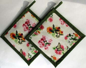 Hummingbird Potholders, Green Potholders, Hummingbird Green Pot Holders, Hummingbird Kitchen Decor, Bird Theme Kitchen, Hummingbird Gift