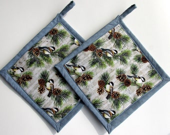 Chickadees and Pine Cones on Birch Potholders, Bird Theme Kitchen,  Hot Pad, Stocking Stuffer, Secret Santa Gift, Chickadee Gift, Pine Cone