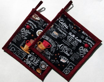 Coffee Red Black Potholders, Coffee Kitchen Theme, Teacher Gift, Fabric Potholders, Coffee Hot Pads, Stocking Stuffer