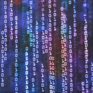 Puede incluir: Arte digital abstracto que presenta una matriz de c&oacute;digo binario, con unos y ceros blancos brillantes cayendo sobre un fondo azul oscuro y p&uacute;rpura. El dise&ntilde;o tiene una est&eacute;tica futurista inspirada en la tecnolog&iacute;a.