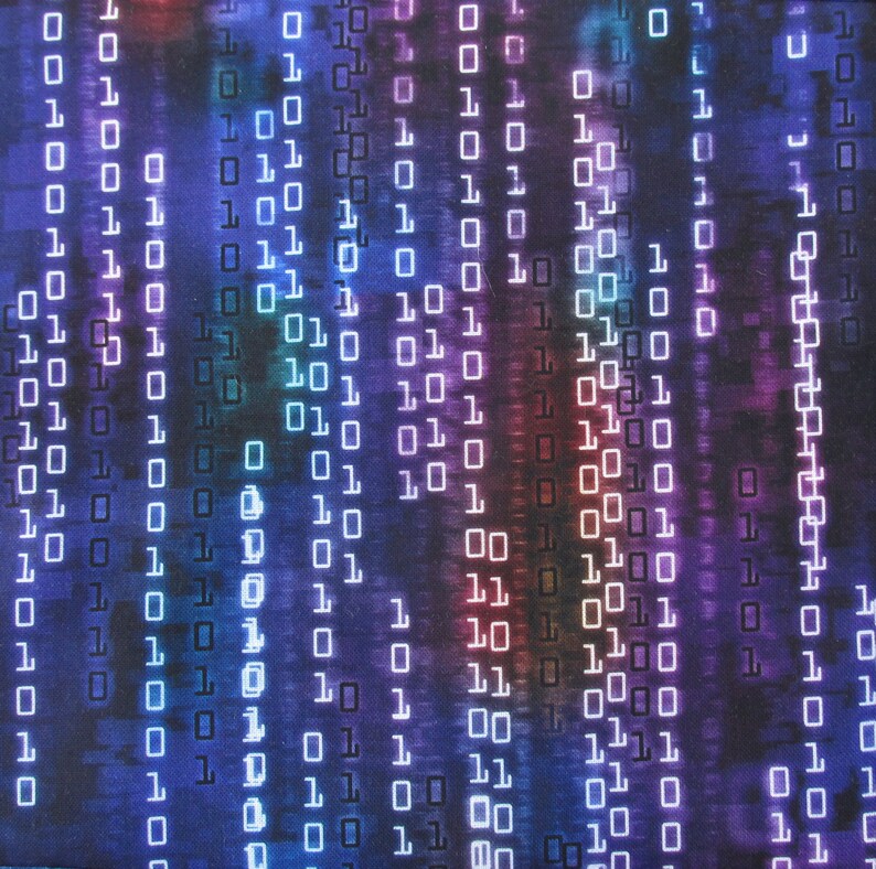 Puede incluir: Arte digital abstracto que presenta una matriz de c&oacute;digo binario, con unos y ceros blancos brillantes cayendo sobre un fondo azul oscuro y p&uacute;rpura. El dise&ntilde;o tiene una est&eacute;tica futurista inspirada en la tecnolog&iacute;a.