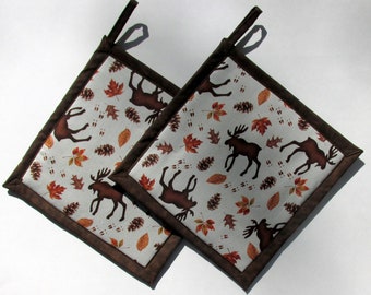 Moose Fall Leaves Brown Potholders, Moose Theme Kitchen, Moose Pot Holders, Moose Kitchen Decor, Moose Holders, Handmade Holders