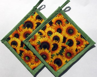 Sunflower Light Green Potholders with Ladybugs, Sunflower Theme Kitchen, Sunflower Decor, Sunflower Hot Pad, Fabric Pot Holders, Set of TWO