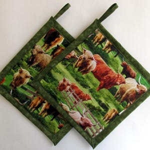 May include: Two square pot holders with a green border and hanging loop. The main design features a repeating pattern of Highland cattle in a green pasture. The cattle are various shades of brown and red.