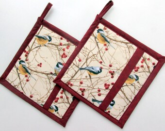 Chickadee Potholders, Bird Kitchen Decor, Chickadee Kitchen Theme, Teacher Gift, Fabric Potholders, Chickadee Hot Pads