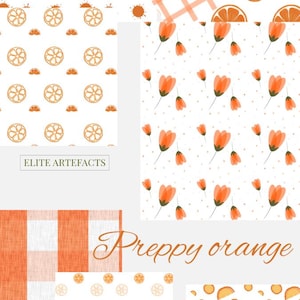 Può includere: Un collage di motivi a tema arancione. I disegni includono fette di arancia, composizioni floreali e un motivo a quadretti. Il testo "Preppy orange" è visualizzato in un carattere corsivo e il testo "ELITE ARTEFACTS" è anch'esso visibile.