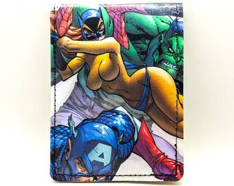 May include: A white leather wallet with a comic book style print featuring a yellow, blue, and green superhero team. The characters are in a dynamic pose, with the female character in the foreground.