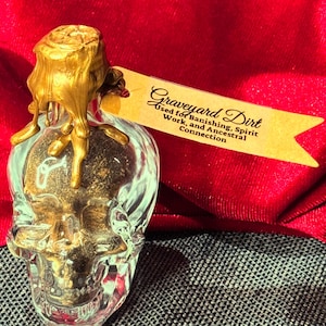Sujeira de cemitério em garrafa de vidro com caveira | Garrafa decorativa de bruxa | Lacre de cera de bronze com pentagrama | Trabalho espiritual • Banimento • Magia ancestral
