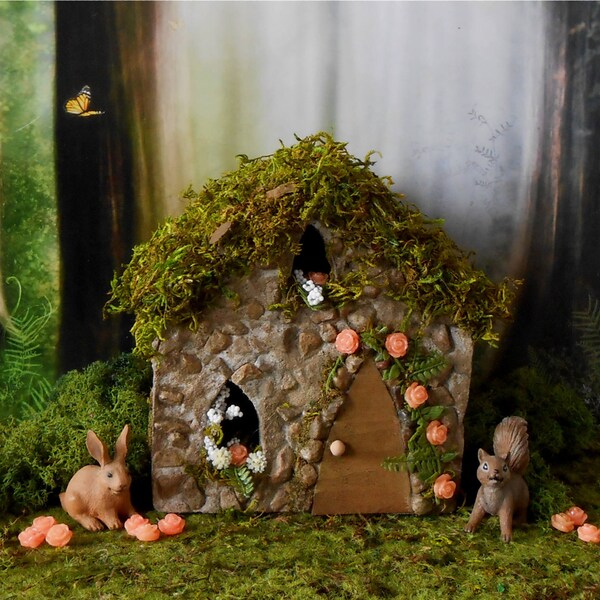 Rose Cottage Fairy House, Fairy GardenFREE SHIPPING, Miniature Garden House, Outdoor Fairy House, Stone Cottage Garden Decor, English Garden