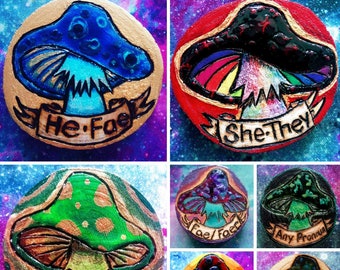 Pronoun pin mushroom, cottagecore mushroom gift, custom pronoun badge, pronoun pin any pronoun, she her, they them, he him, fae, trans owned