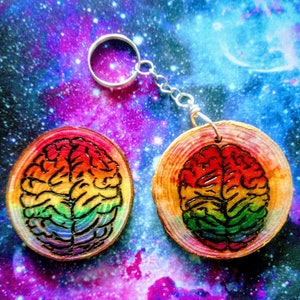 Può includere: Due portachiavi in legno a forma di cervello arcobaleno con un anello portachiavi in metallo argentato. I portachiavi sono rotondi e hanno un design a cervello arcobaleno.