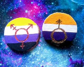Pyrographed Wooden Nonbinary Pride Pin: Enby Flag Badge