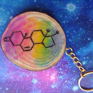 Testosterone Molecule Wood Pin or Keychain, Rainbow LGBT FTM Gift
