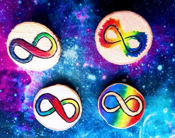 Pyrographed Wood Neurodiversity Pin: Rainbow Infinity Symbol