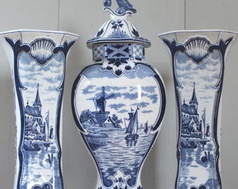 Delft Blue Lidded Vase Set: Windmill & Castle Scenery