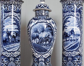 Delft Blue Lidded Vase Set: Societe Ceramique Maastricht, Holland
