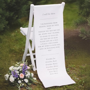 Elegant Memorial Wedding Sign – Personalised Fabric Banner In Memory of Loved Ones – Wedding Chair Remembrance Sign with Names
