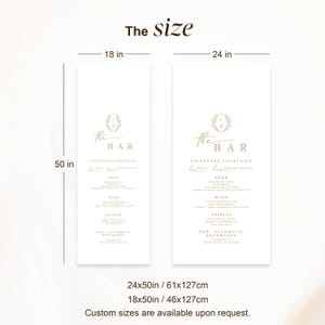 Wedding bar sign size options shown for linen fabric signage