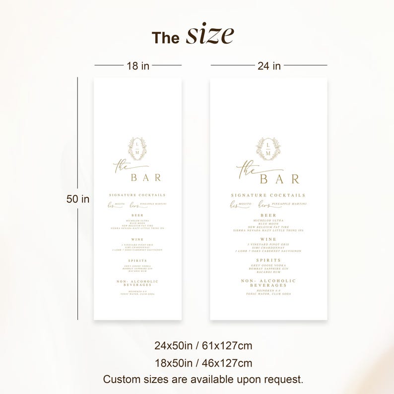 Wedding bar sign size options shown for linen fabric signage