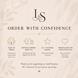 Op de afbeelding: Een beige informatieve afbeelding met het L&S-logo en de tekst ORDER WITH CONFIDENCE. Het bevat vier iconen die staan voor op bestelling gemaakt, gedrukt en verzonden vanuit de VS, een 4,9 klantbeoordeling en gepersonaliseerd voor uw dierbaren.