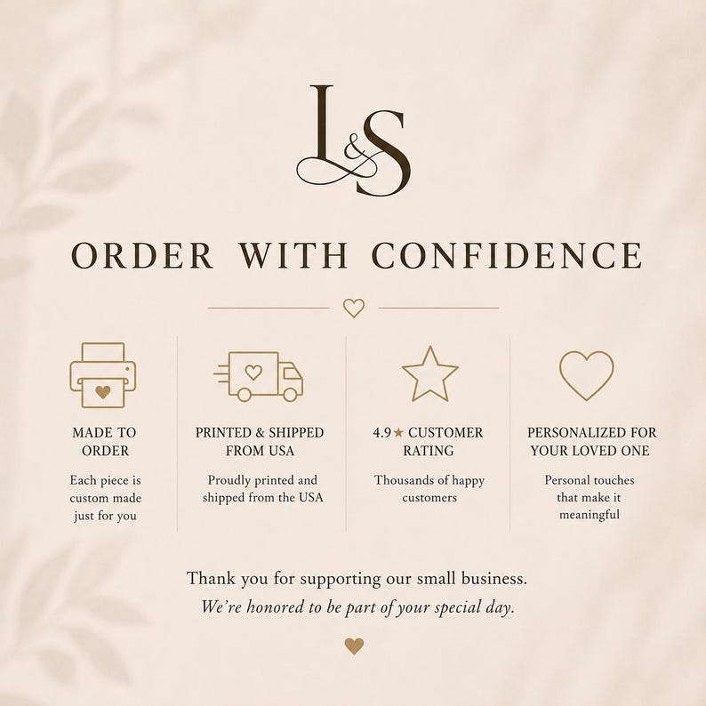 Op de afbeelding: Een beige informatieve afbeelding met het L&S-logo en de tekst ORDER WITH CONFIDENCE. Het bevat vier iconen die staan voor op bestelling gemaakt, gedrukt en verzonden vanuit de VS, een 4,9 klantbeoordeling en gepersonaliseerd voor uw dierbaren.