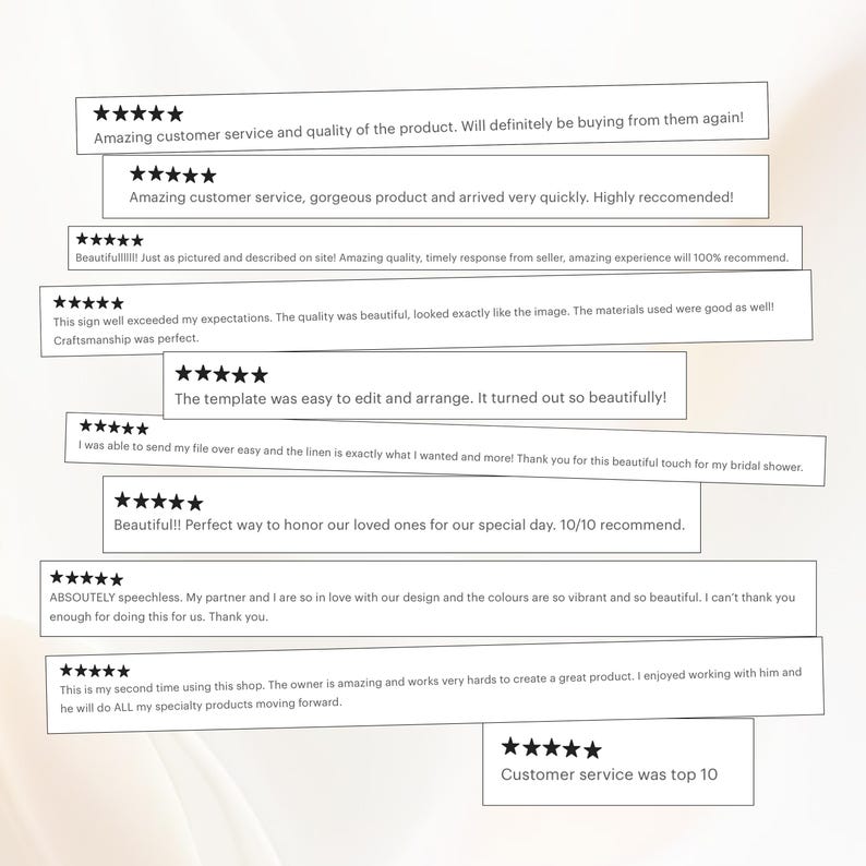 Customer reviews highlighting quality of custom fabric wedding signs