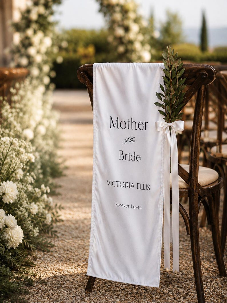 Wedding memorial chair banner displayed in ceremony aisle honoring Mother of the Bride with custom name
