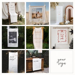 Collage of custom printed fabric signs for weddings, baby showers, and holiday decorations, showcasing various designs and styles.