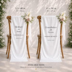 Available sizes comparison for memorial wedding chair banners showing 12x40 inch and 15x50 inch options