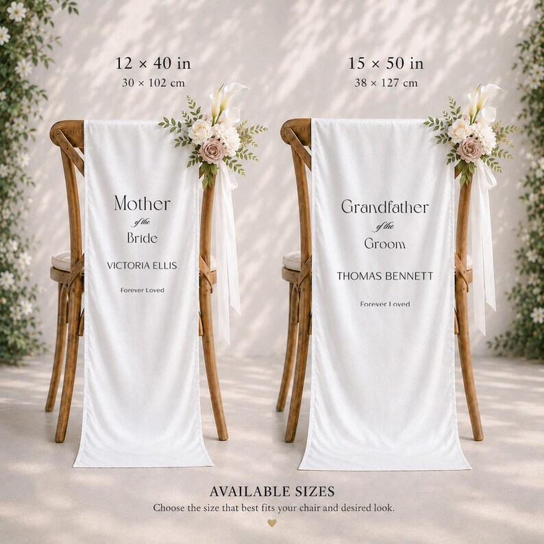Available sizes comparison for memorial wedding chair banners showing 12x40 inch and 15x50 inch options