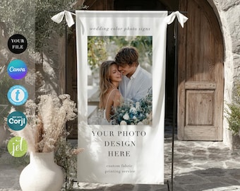 Cartello in tessuto con foto di matrimonio personalizzato - Stampa banner con ritratto a colori con il tuo design, cartello di benvenuto per matrimonio in lino o raso di alta qualità