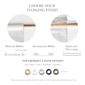 Custom fabric sign finish options, including pocket, no pocket, open pocket with Velcro strap, and black matte or aged brass eyelets.