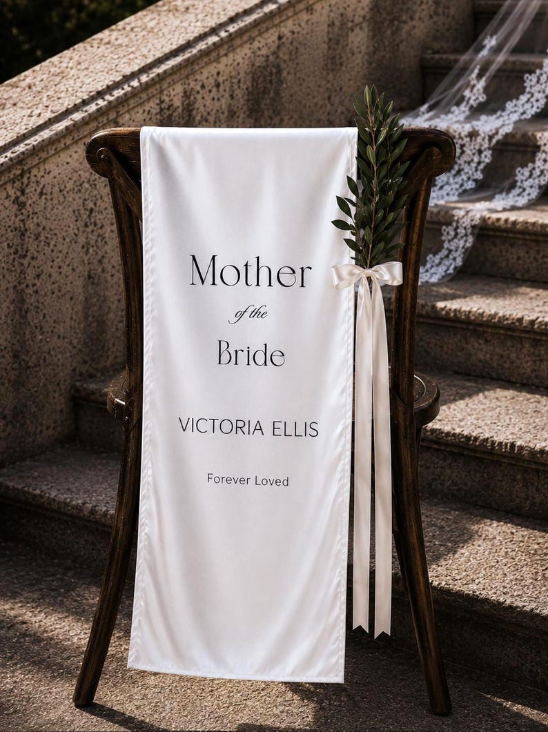 Mother of the Bride memorial chair banner with custom name and Forever Loved message displayed on wedding chair