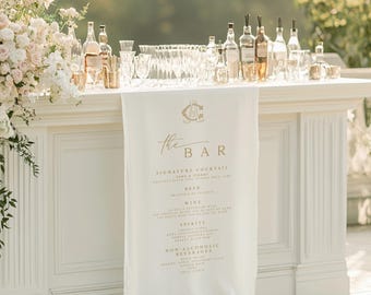 Linen Bar Sign Gold Colour Lettering, Personalised Wedding Bar Menu Banner, Bar Sign, Signature Drinks, Custom Linen Bar, Wedding Menu Sign