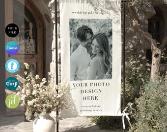 Cartello in tessuto personalizzato con foto per matrimonio: stampa il tuo design personalizzato, cartello di benvenuto per matrimonio con foto e striscione in tessuto premium.