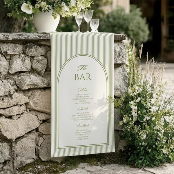 Enseigne de menu de bar de mariage, signalétique de boissons en tissu, bannière en lin