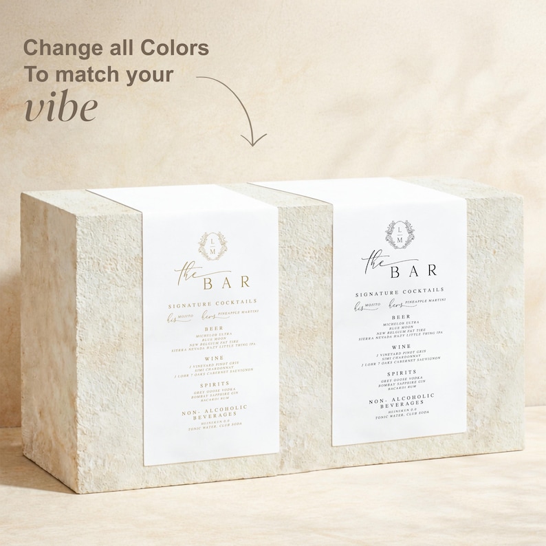 Wedding bar sign shown in multiple color variations on linen fabric