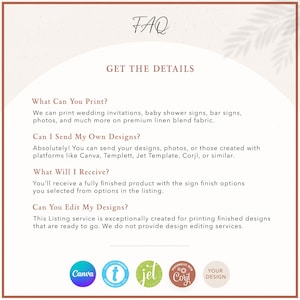 FAQ section for custom fabric printing service detailing design submission, printing options, and product features.