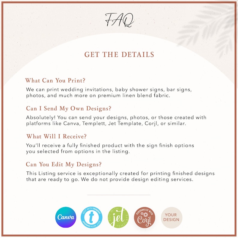 FAQ section for custom fabric printing service detailing design submission, printing options, and product features.