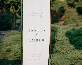 Letrero de bienvenida para bodas en lino, elegante pancarta de tela, estampado minimalista personalizado para decoración de bodas.